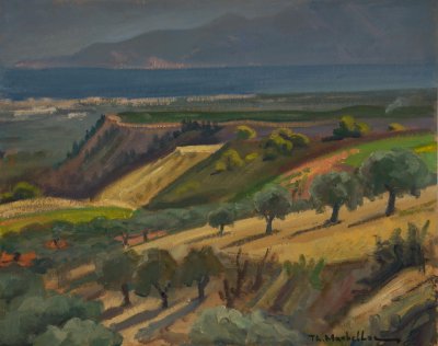 View from Kiatos with Sea in Background — Oil painting, Fiberboard, 40.00×50.00cm — Theodoros Markellos